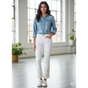 New Free People Eyelet Bootcut Rough hem Jeans Ivory Womens Size 26 $128